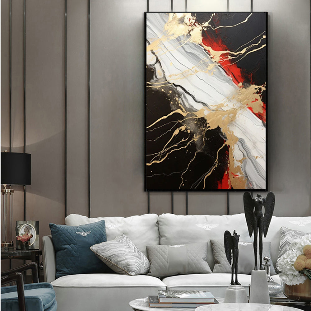 Vintage Gold Black Red Abstract Oil Painting – Hand-Painted Canvas Wall Art
