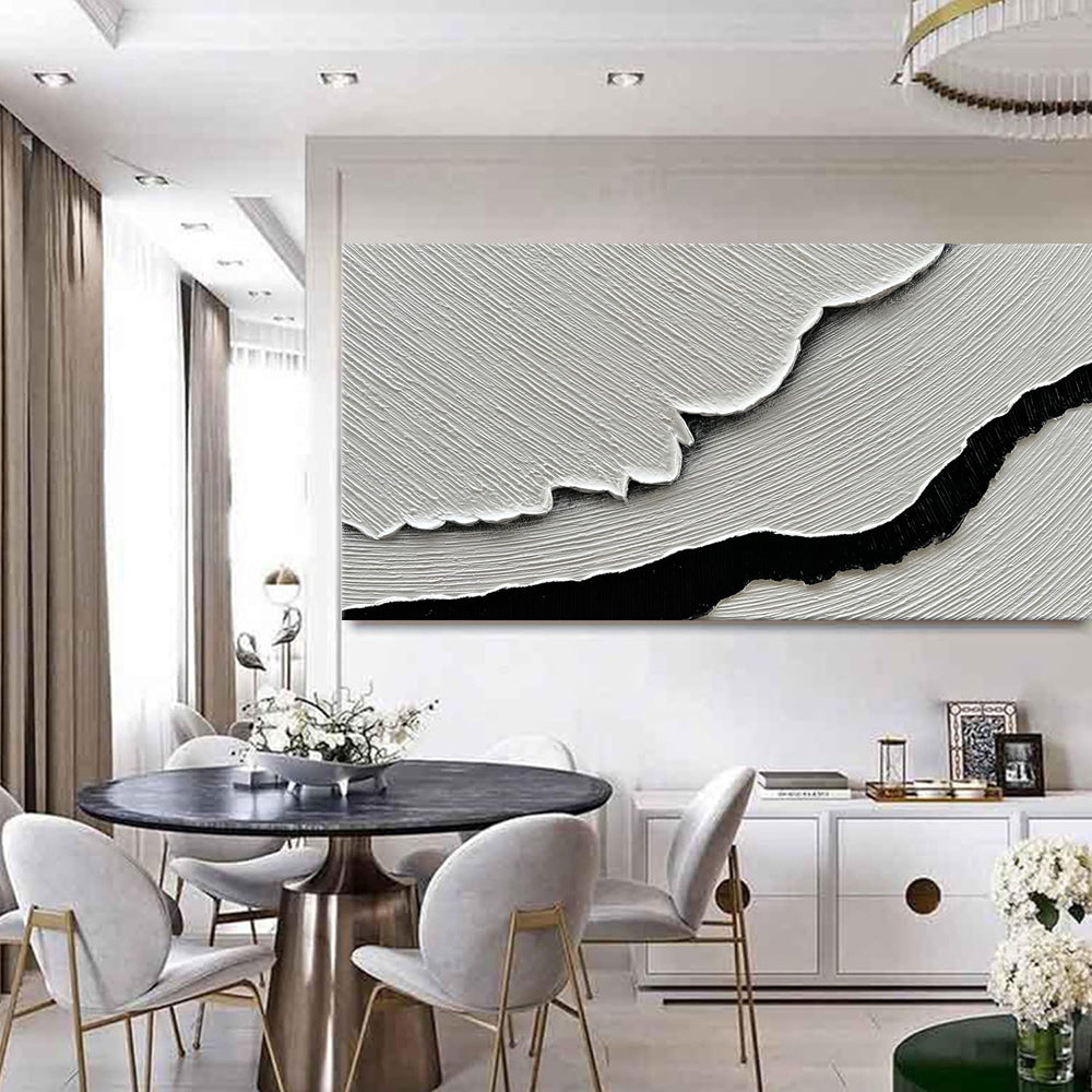 Black & White Sea Waves Abstract Oil Painting – Hand-Painted Wall Art