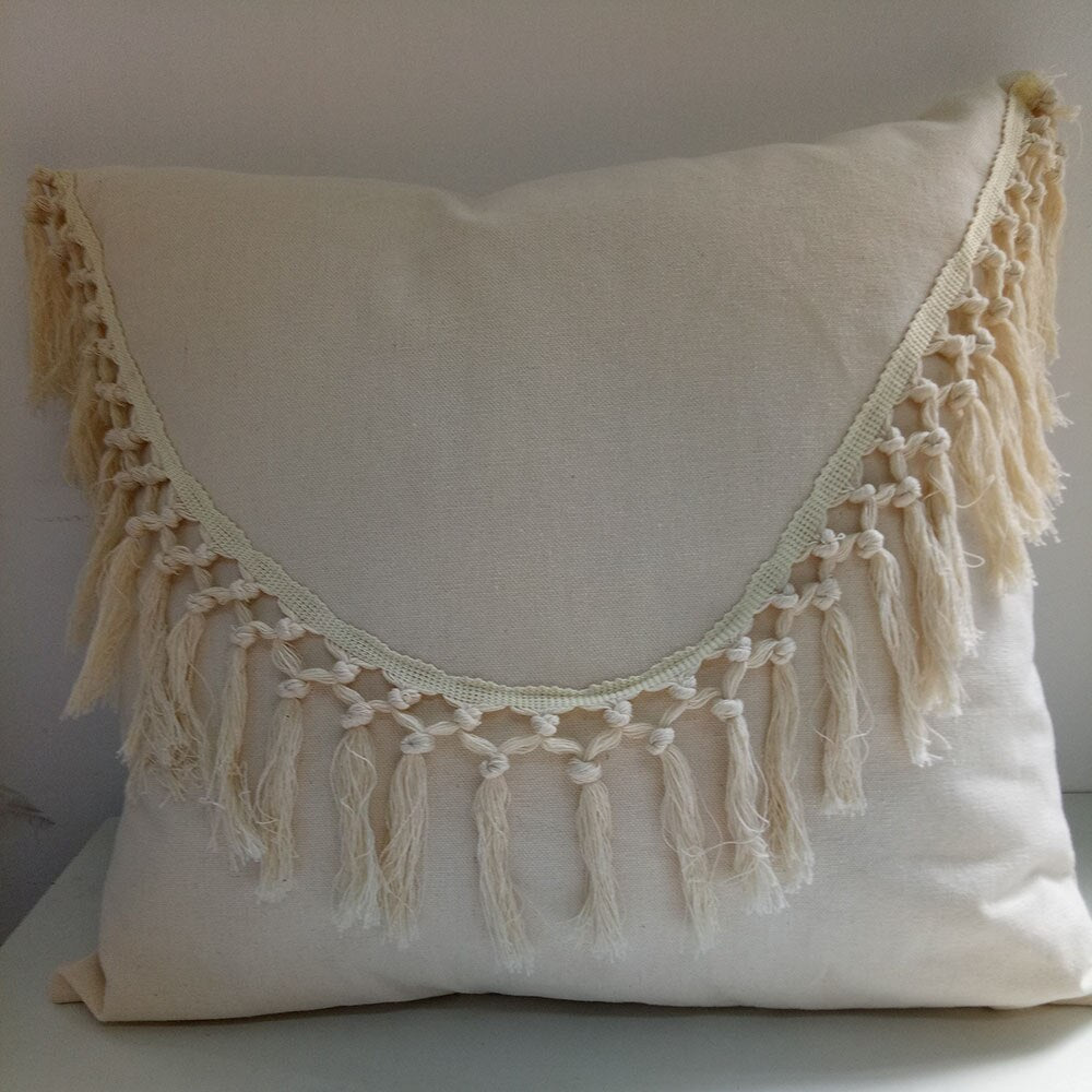 Boho Tassels Cushion Cover – Beige & White Cotton Linen Macrame Pillowcase