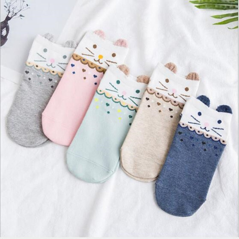 Women’s Cute Cat Ankle Socks | Soft Cotton Pink Casual Short Socks