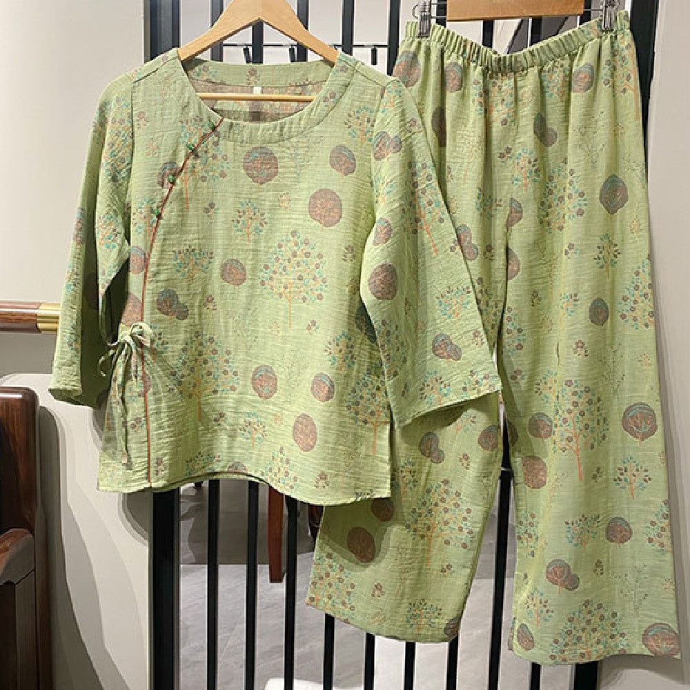 Leaf Print Cotton Pajama Set – Lightweight Long-Sleeve Sleepwear Suit
