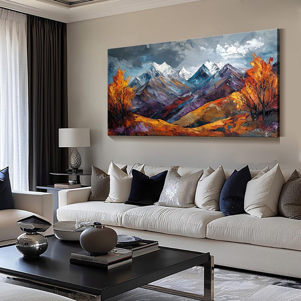Handmade Snow Mountain Oil Painting on Canvas – Modern Autumn Landscape Wall Art