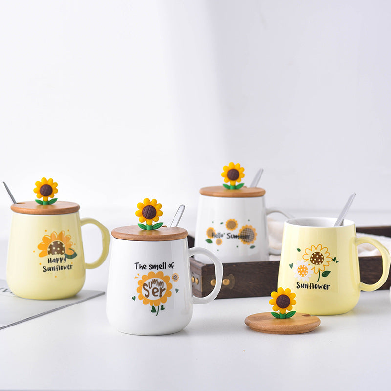 Creative Sunflower Ceramic Mug with Lid & Spoon – Cute Coffee & Milk Cup