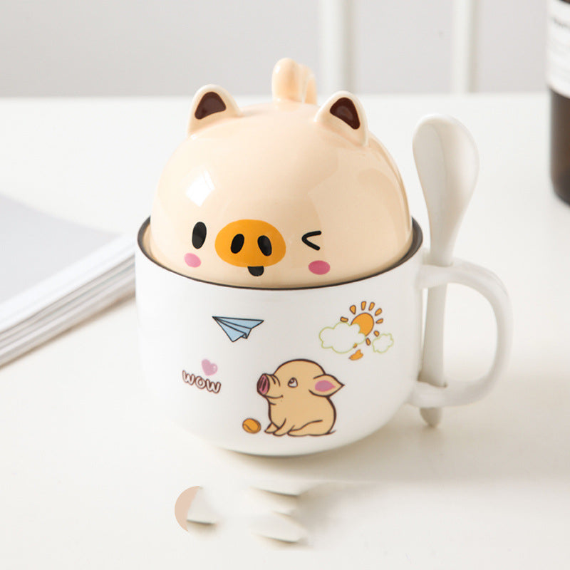 Ceramic Mug with Lid & Spoon – Cute Animal Design