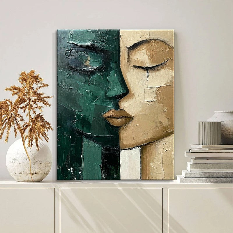 Hand-Painted Modern Oil Painting – Green & Beige Face Canvas Wall Art