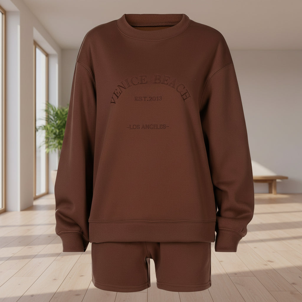 Cozy Fleece Embroidered Long-Sleeve Top & Shorts Set – Loose Fit, Soft, Trendy Letter Design
