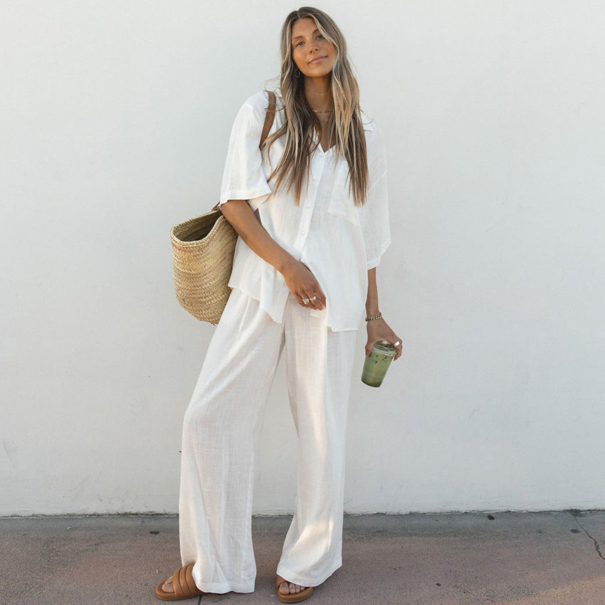 White Cotton Two-Piece Suit Set for Women - Elegant & Breathable