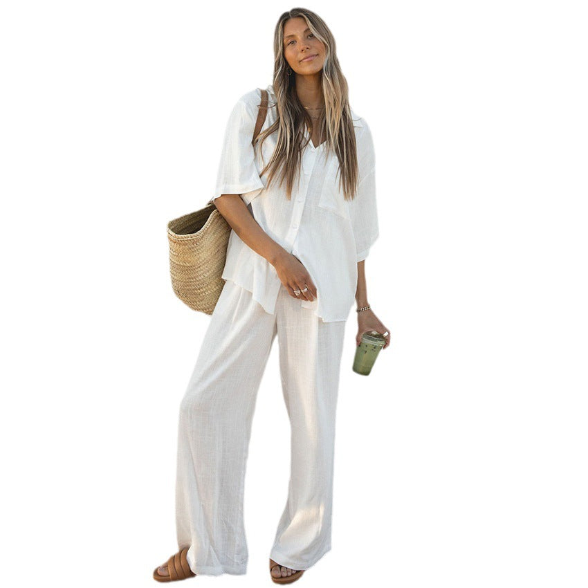 White Cotton Two-Piece Suit Set for Women - Elegant & Breathable