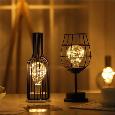 Minimalist Hollow Table Lamps – Creative Iron Wine Bottle & Glass Lamps for Bedroom, Desk & Home Decor