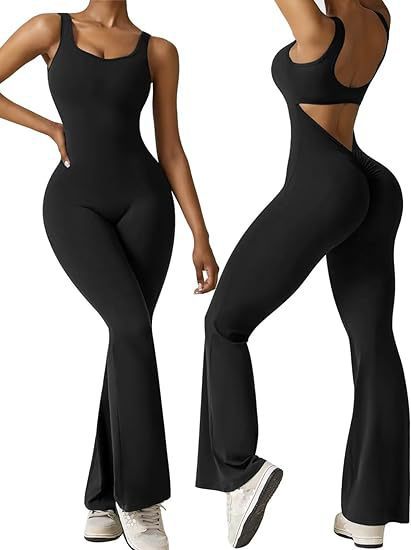 Women's Backless Sleeveless Flared Jumpsuit – Sexy High-Waist Yoga One-Piece | Polyester & Spandex
