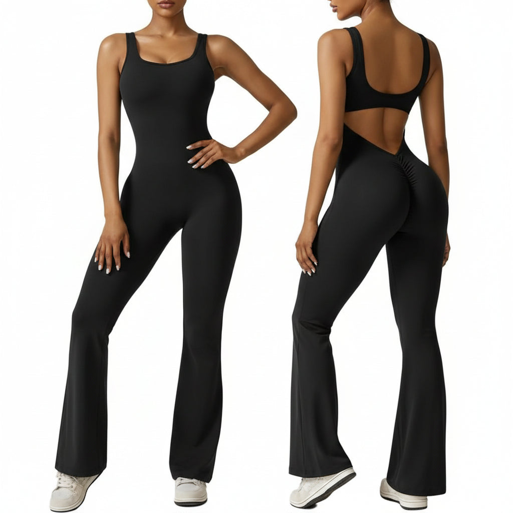Women's Backless Sleeveless Flared Jumpsuit – Sexy High-Waist Yoga One-Piece | Polyester & Spandex