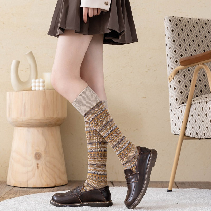 CottonSocks Women’s Ethnic Style Calf & Knee High Socks – Breathable, Warm, Striped Harajuku Mori Design