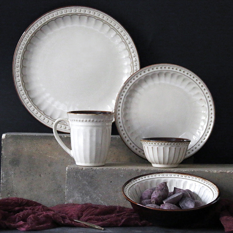 European Relief Stoneware Tableware Set – Elegant Retro Dining Plates & Bowls