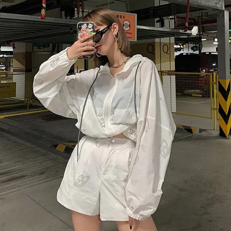 Reflective Butterfly Two-Piece Set for Women – Hoodie & High-Waist Lace-Up Shorts