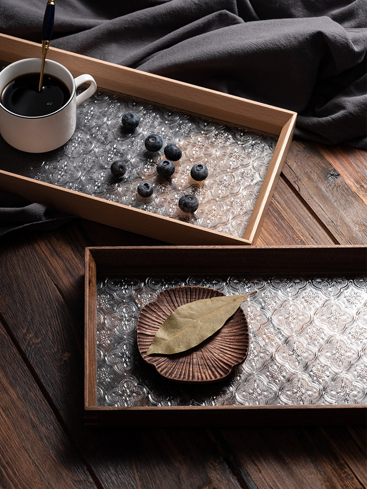 Retro Japanese Wooden Tray – Beech & Walnut Glass
