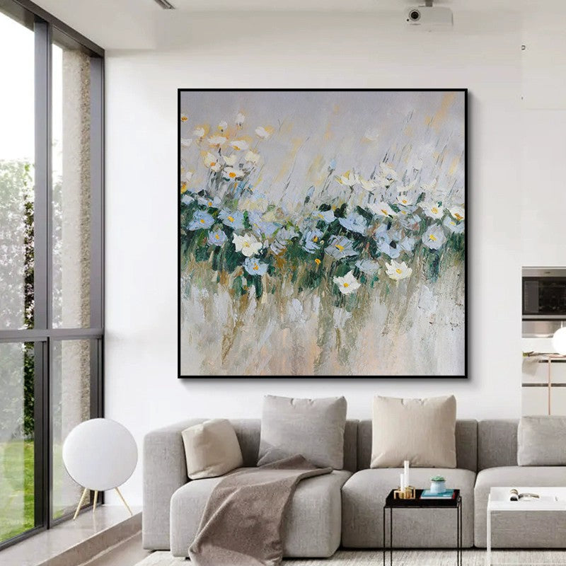 Handmade Oil Painting Canvas – Modern Blue Flowers Wall Art