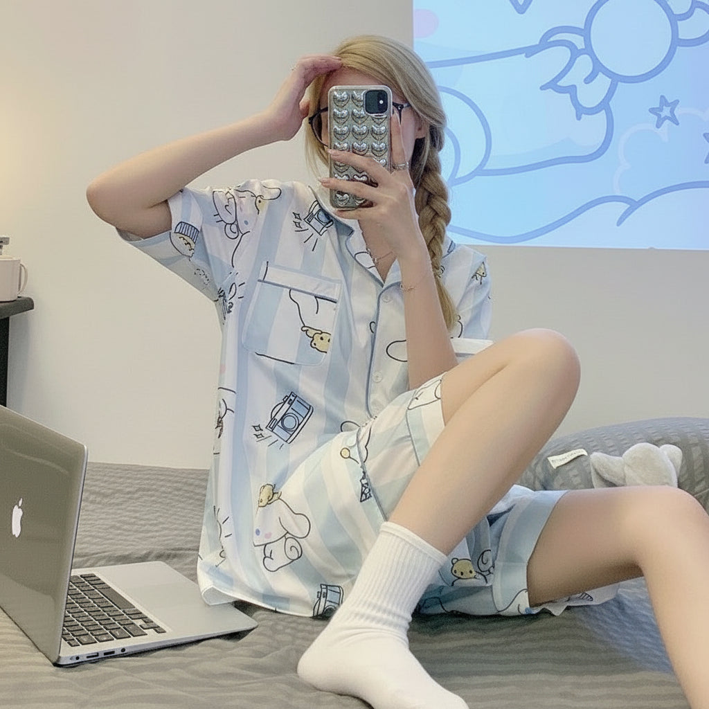 Women’s Ice Silk Short Sleeve Pajama Set – Ultra-Soft, Breathable Imitation Silk Sleepwear