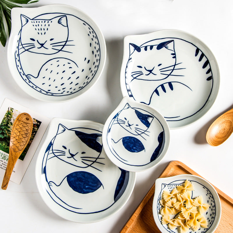 Japanese Porcelain Bowl & Plate Set – Cute Cat Drip Tray Tableware