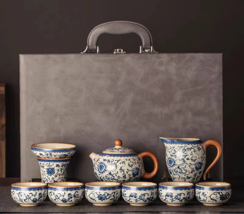 Blue & White Ru Kiln Ceramic Tea Set – Minimalist Glazed Color Teapot Set for Elegant Home Tea Brewing