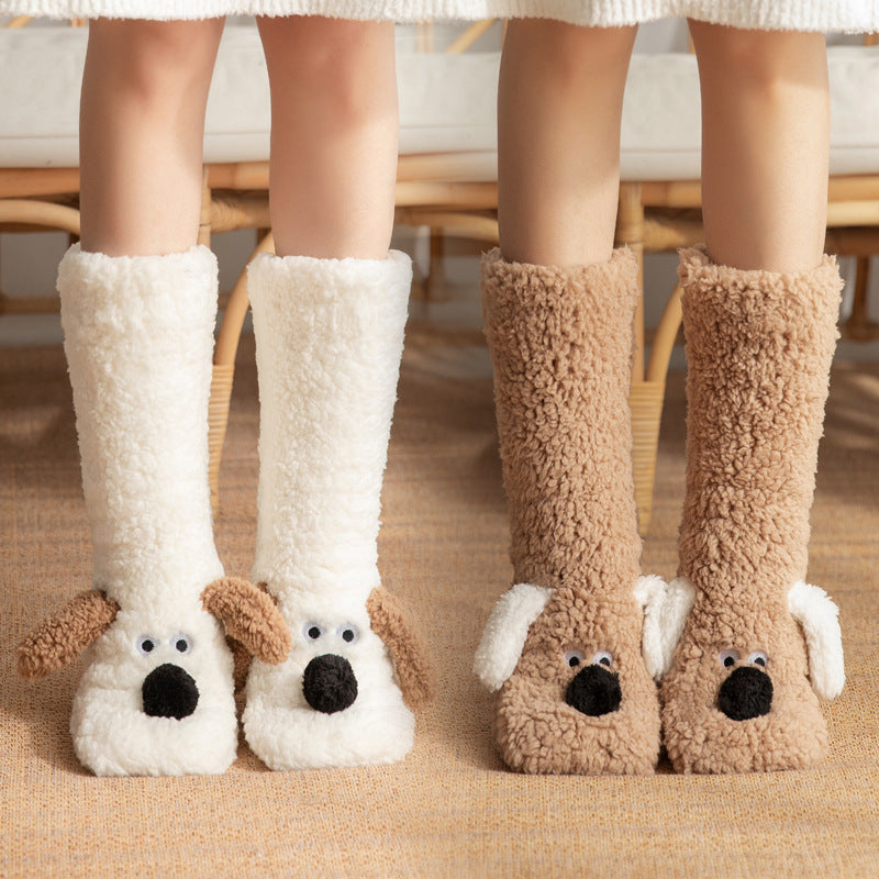 Cute Cartoon Dog Winter Plush Floor Socks – Non-Slip, Warm, Cozy Women’s Home Socks