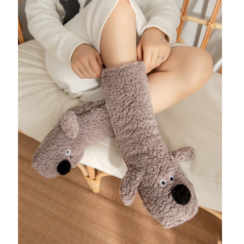 Cute Cartoon Dog Winter Plush Floor Socks – Non-Slip, Warm, Cozy Women’s Home Socks