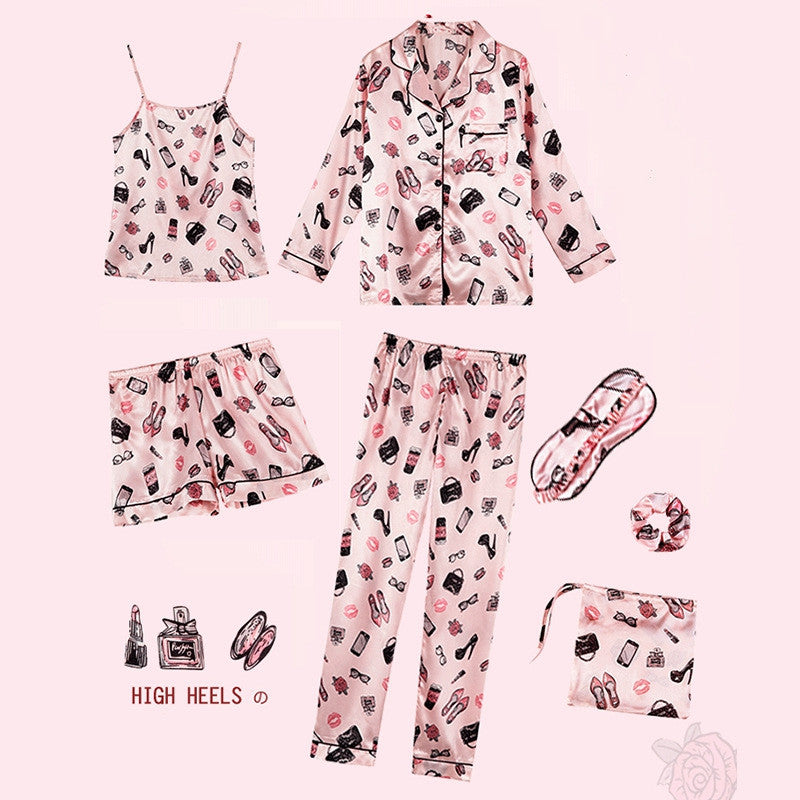 Seven-Piece Ladies Chiffon Pajamas – Soft V-Neck Long Sleeve Sleepwear