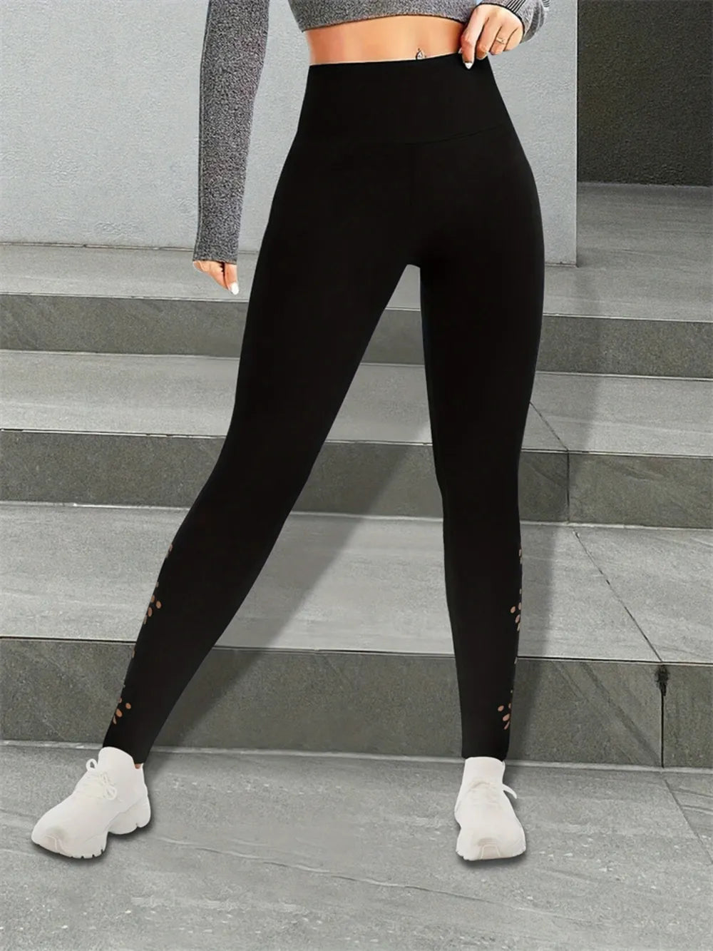 Cutout High Rise Leggings – Distressed, Opaque, Stretchy Polyester-Spandex Activewear