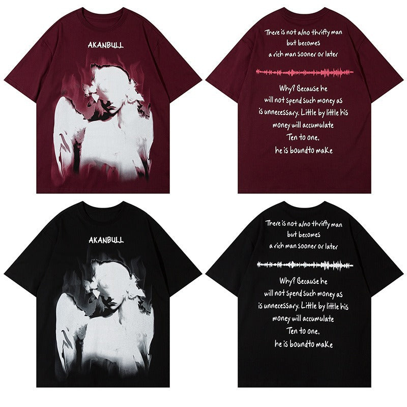 American Retro Angel Wings Unisex T-Shirt – Floral Pattern, Loose Fit, Cotton Blend