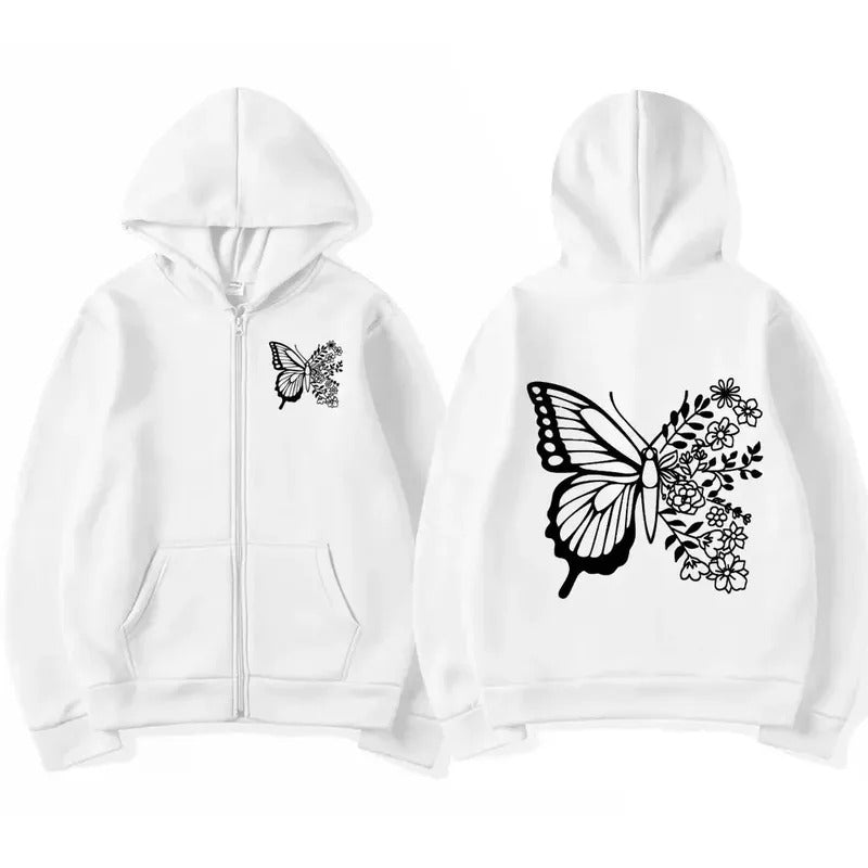 Trendy Butterfly Pattern Hooded Sweatshirt – Unisex Long Sleeve Casual Jacket