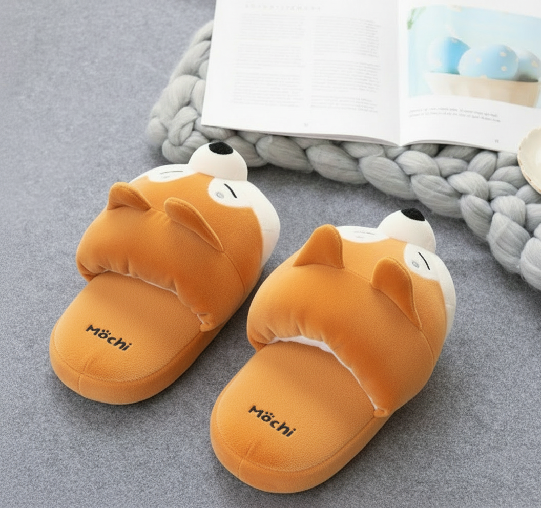 Winter Grey Fox Indoor Slippers – Cute Shiba Inu Plush Home Slippers for Ladies