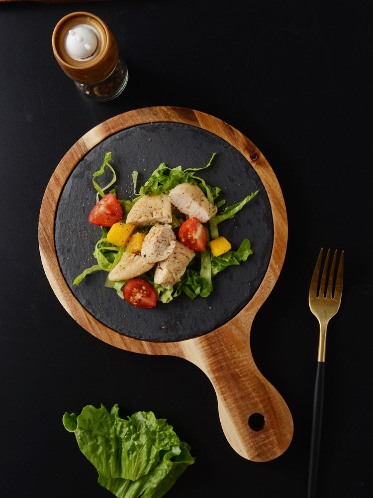 Acacia Wood & Stone Steak Plate – Natural Serving Board for Hot Dishes