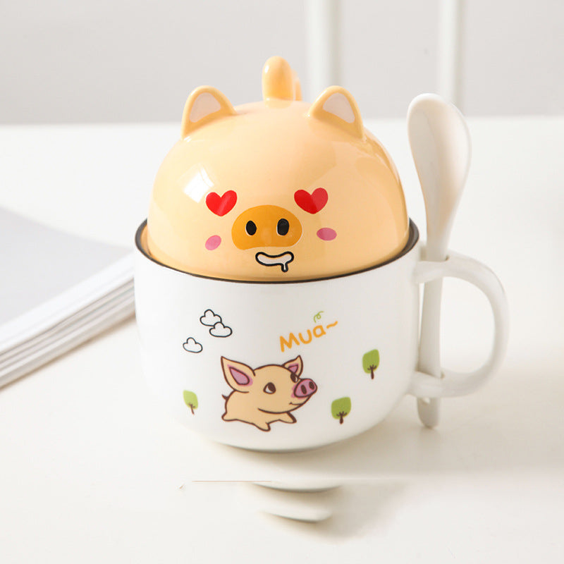 Ceramic Mug with Lid & Spoon – Cute Animal Design