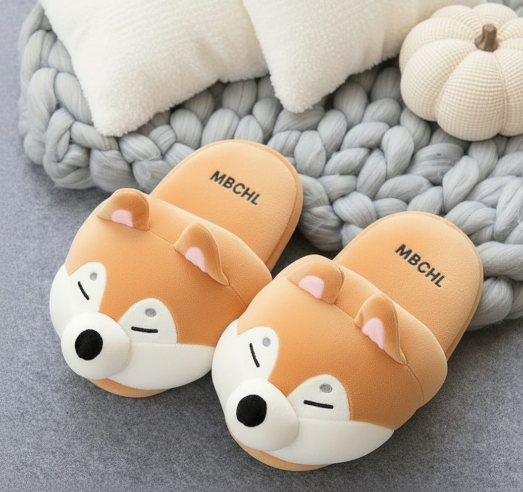 Winter Grey Fox Indoor Slippers – Cute Shiba Inu Plush Home Slippers for Ladies