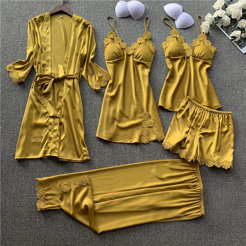 Luxury Imitation Silk Five-Piece Sleepwear Set with Chest Pad