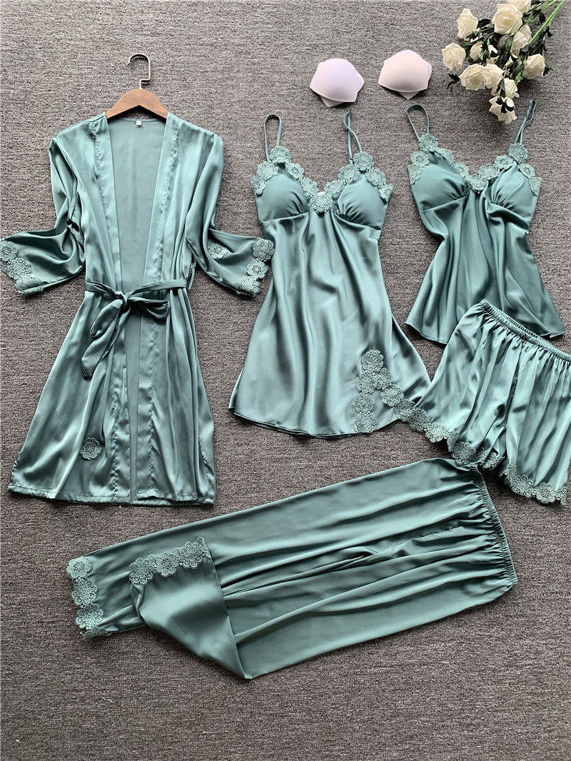 Luxury Imitation Silk Five-Piece Sleepwear Set with Chest Pad