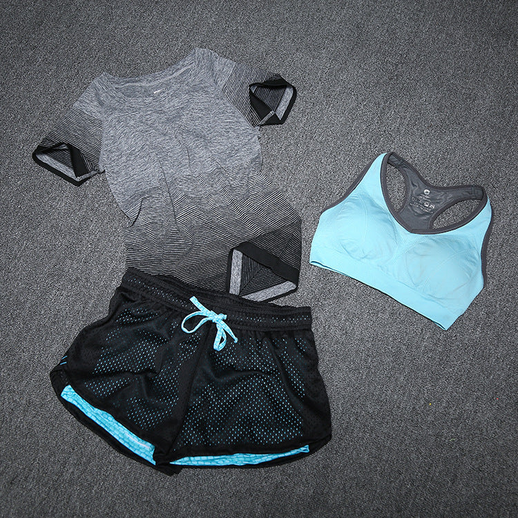 Women’s Striped Breathable Quick-Dry Activewear Set – Short Sleeve Top, Bra & Pants | Lightweight Nylon Performance Outfit