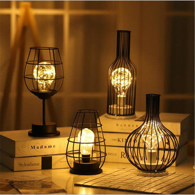 Minimalist Hollow Table Lamps – Creative Iron Wine Bottle & Glass Lamps for Bedroom, Desk & Home Decor