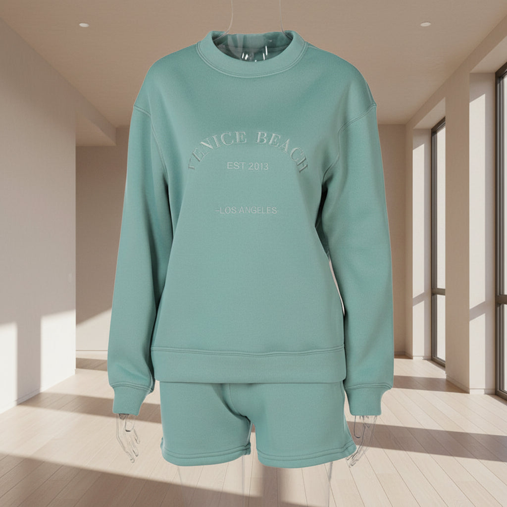 Cozy Fleece Embroidered Long-Sleeve Top & Shorts Set – Loose Fit, Soft, Trendy Letter Design