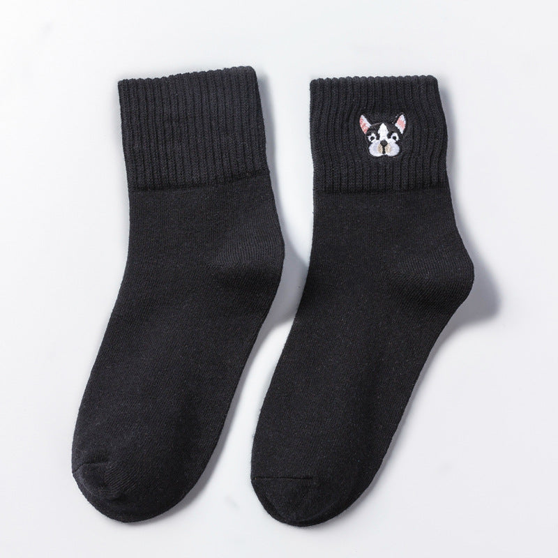 Cute Harajuku Dog Embroidery Cotton Socks for Women – Thick Casual Comfort | Size 35–42