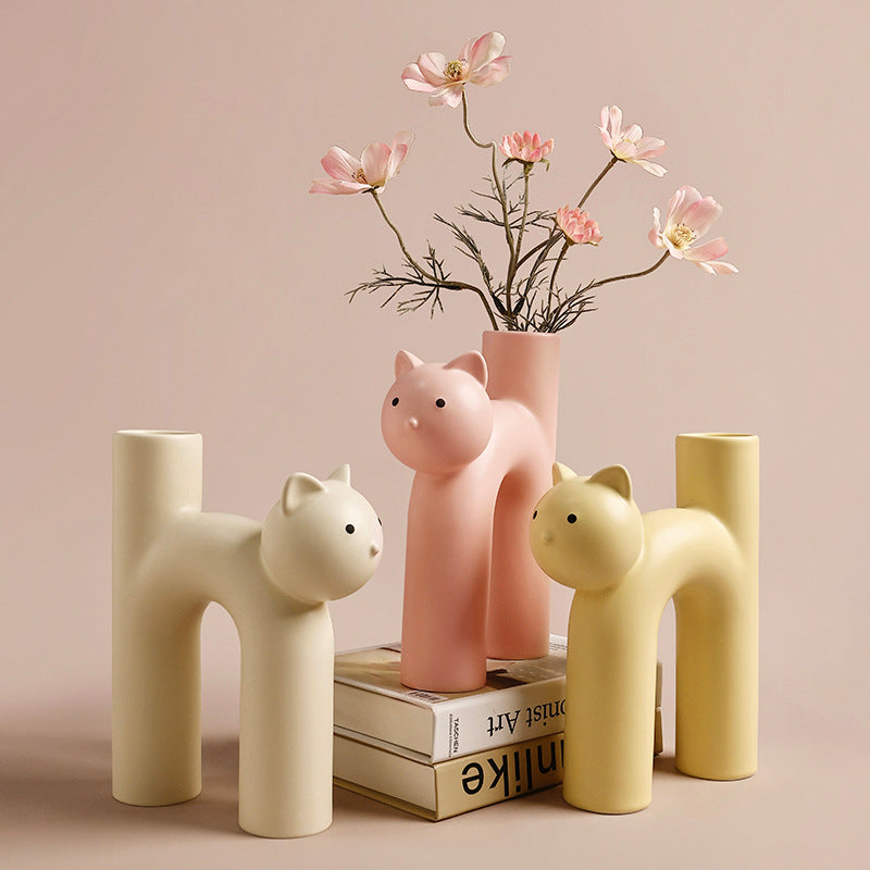 Cute Cat Ceramic Vase – Fun Home Decor for Living Room & Desktop