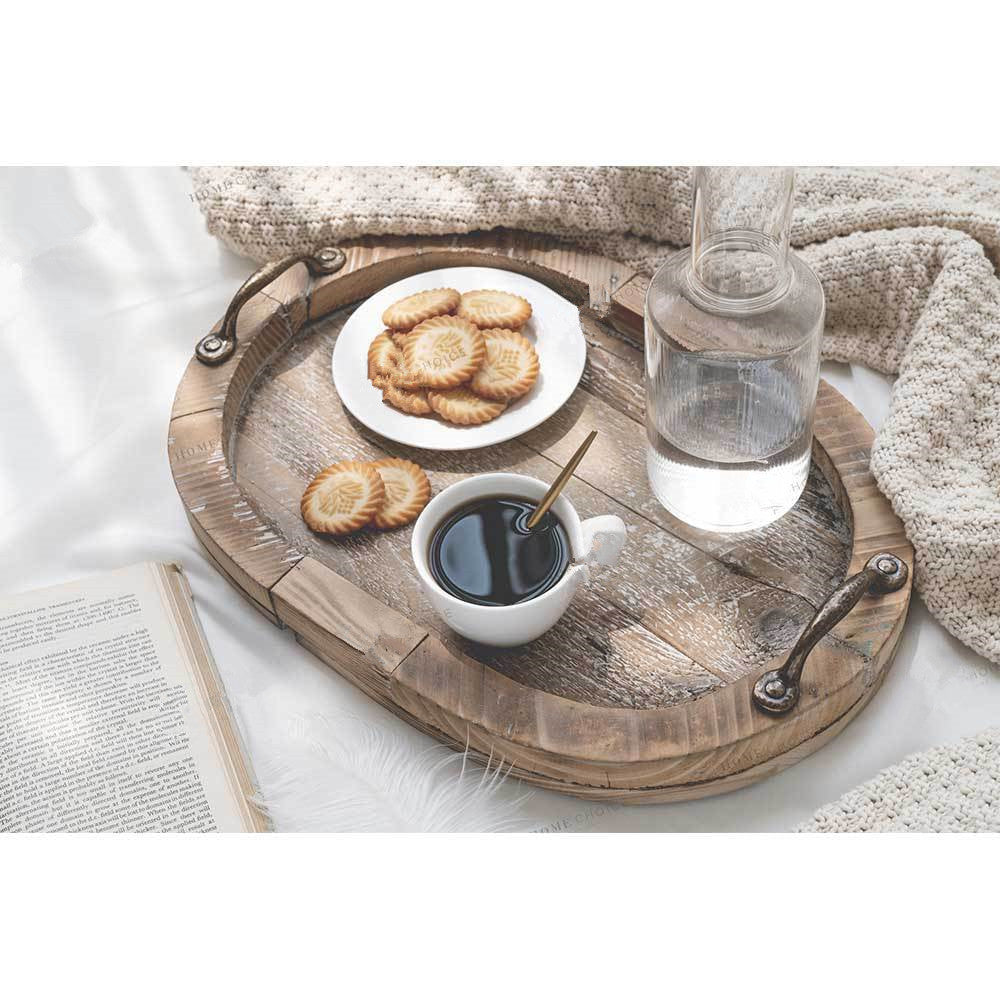 Retro Wooden Breakfast Plate – Oval Log Design with Vintage Metal Handle