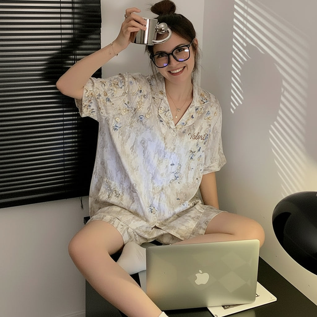 Women’s Ice Silk Short Sleeve Pajama Set – Ultra-Soft, Breathable Imitation Silk Sleepwear