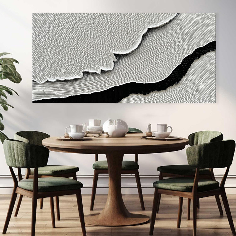 Black & White Sea Waves Abstract Oil Painting – Hand-Painted Wall Art