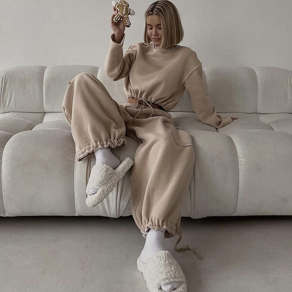 Women's Cotton Sweater & Pants Set – Long Sleeve Casual Loungewear | Khaki & Gray