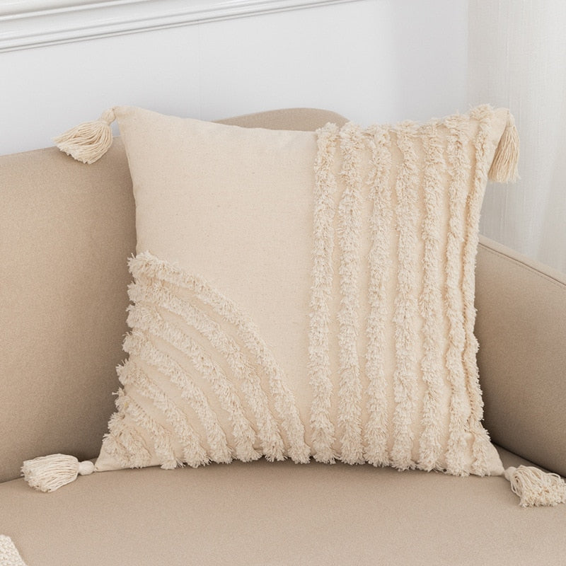 Boho Tassels Cushion Cover – Beige & White Cotton Linen Macrame Pillowcase