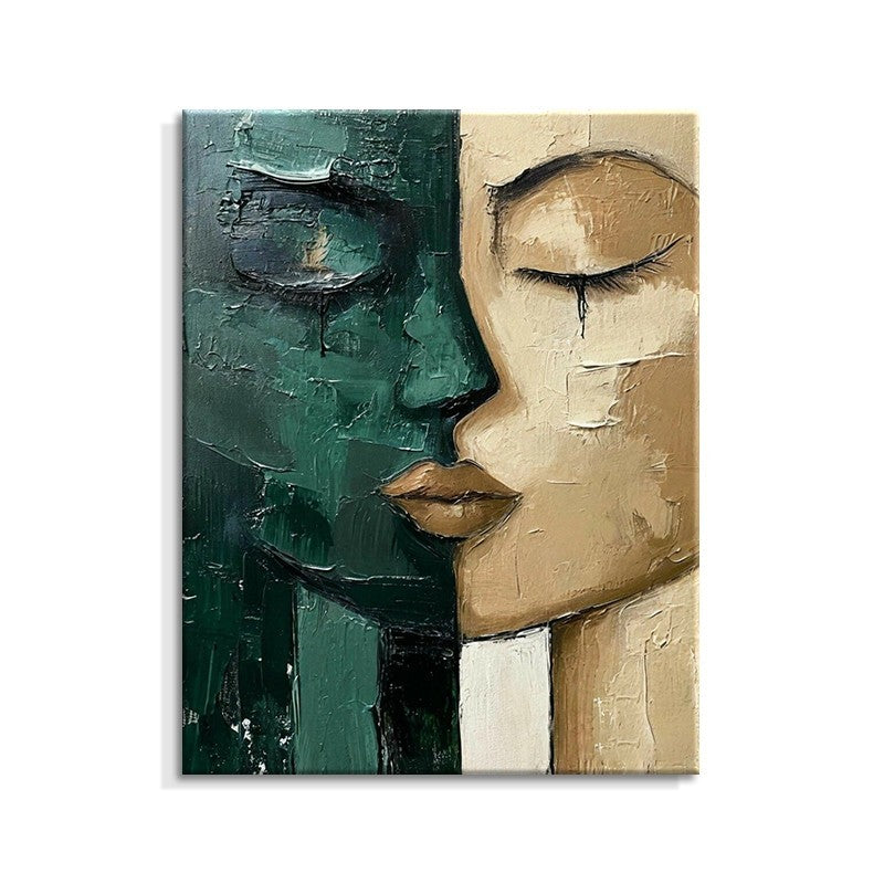 Hand-Painted Modern Oil Painting – Green & Beige Face Canvas Wall Art