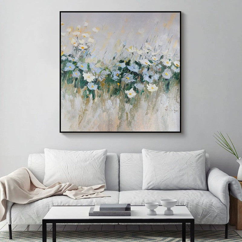 Handmade Oil Painting Canvas – Modern Blue Flowers Wall Art