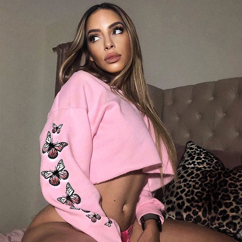 Long Sleeve Printed Crop Sweatshirt – Trendy Loose Hedging Top