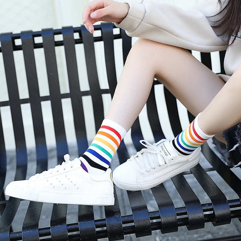 Rainbow Striped Harajuku Cotton Socks – Colorful Casual Fashion Socks for Women