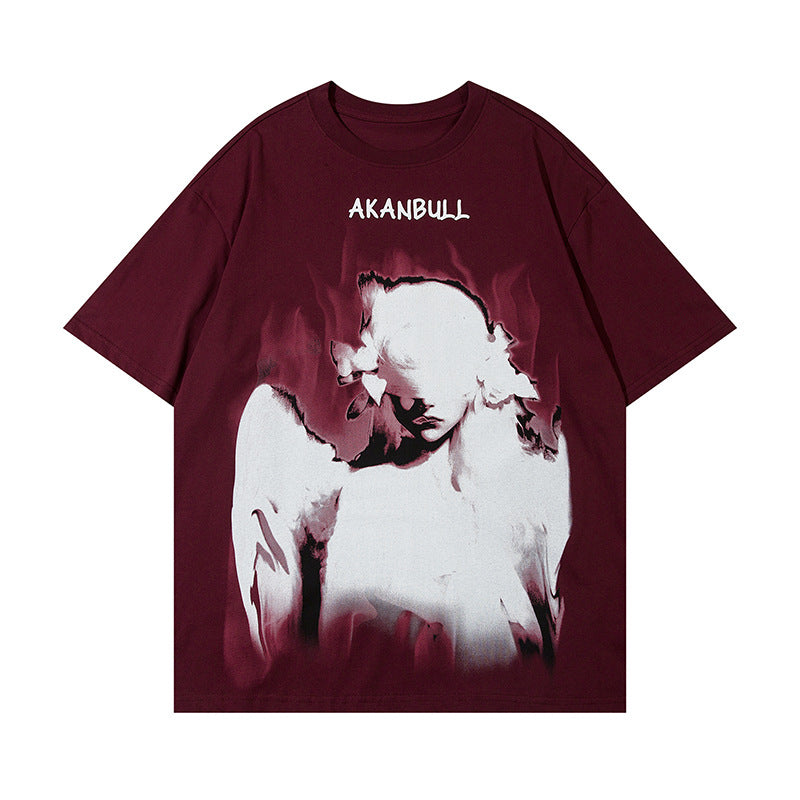 American Retro Angel Wings Unisex T-Shirt – Floral Pattern, Loose Fit, Cotton Blend